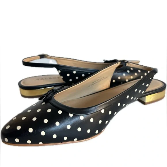 Talbots Edison Slingback Flats Polka Dot Print Gold Mirrored Low Heel Size 8M - Picture 2 of 12